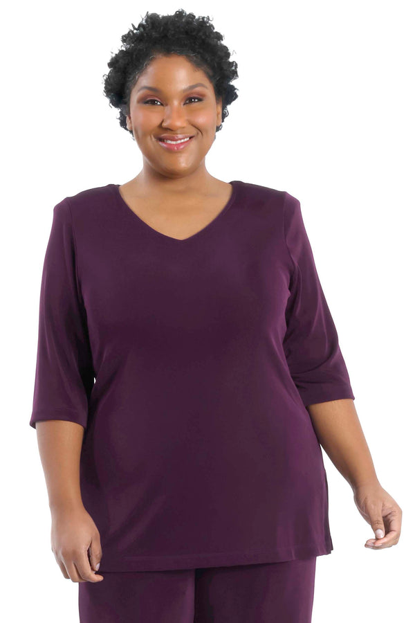 Vikki Vi Classic Boysenberry V-Neck 3/4 Sleeve Tunic