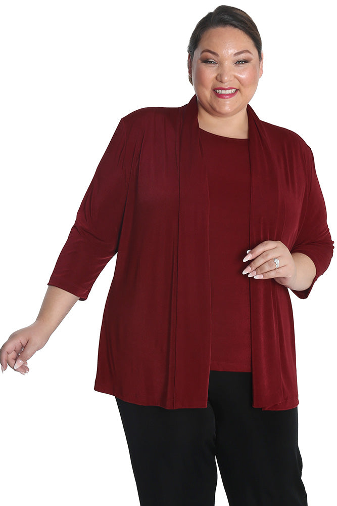 Vikki Vi Silky Classic Wine 3/4 Sleeve Kimono Jacket