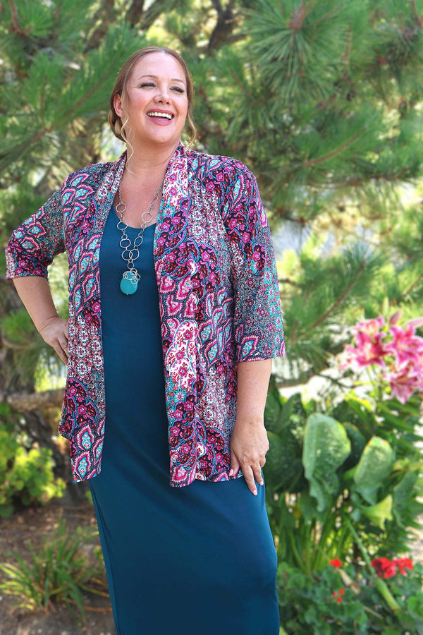 Vikki Vi Jersey Teal Paisley 3/4 Sleeve Kimono Jacket