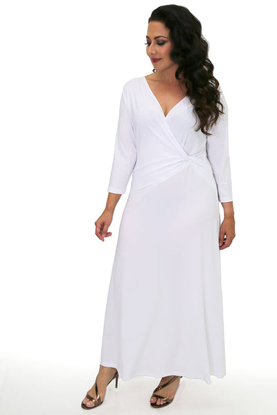 Vikki Vi Jersey White 3/4 Sleeve Faux Wrap Maxi Dress