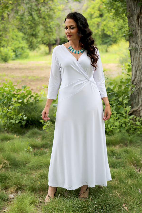 Vikki Vi Jersey White 3/4 Sleeve Faux Wrap Maxi Dress